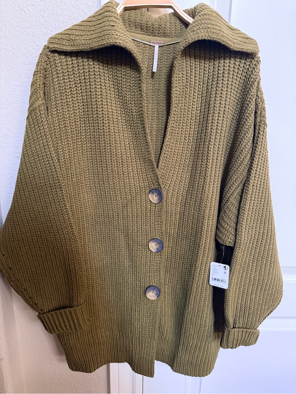 Free People Oregano Green Chunky Knit Button-Front Women's Sweater - Picture 4 of 6